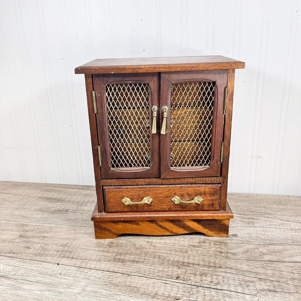 Vintage‎ Wood Musical Jewelry Box Armoire Cabinet Mesh Doors Brown Gold Hardware
